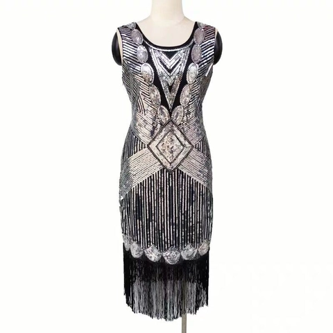 Damen Vintage 1920er Gatsby Flapper Pailletten Quasten Kleid Netz Geometrisch Art Deco Ärmellos Midi Abend Bankett Party Kleid