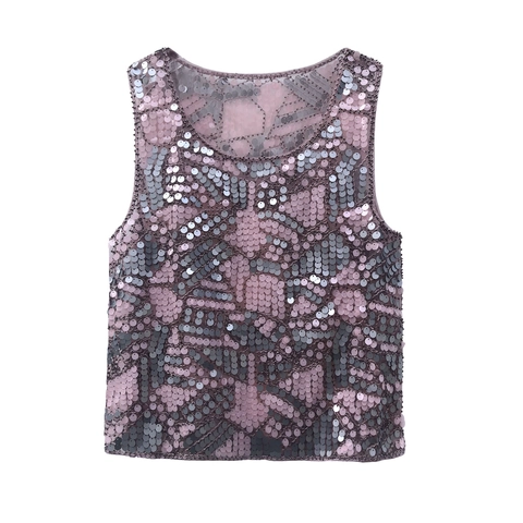 Damen Sexy Pailletten Perlen Tank Top Rundhals Ärmellos Party Weste Hot Girl Funkelnd Clubwear Polyester Mesh Abend Top