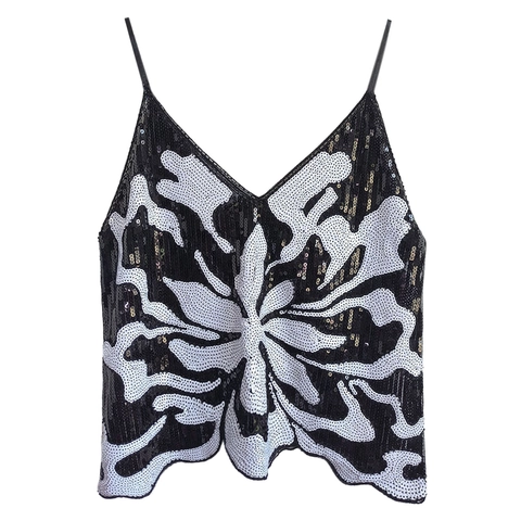 Damen Sexy Pailletten Camisole V-Ausschnitt Ärmelloses Tank Top Funkelndes Blumenmuster Unregelmäßiger Saum Party Clubwear Weste