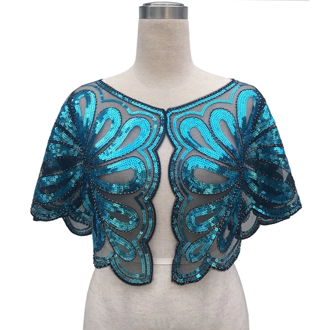 Damen Vintage Pailletten Netzgewebe Schal Bolero Für Abendparty Hochzeit Wellenkante Paillettenstickerei Netz Capelet Top