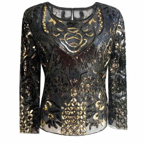 Damen Vintage Funkelnde Pailletten Perlen Netz Top Transparent Langarm Blumen Bluse Elegante Party Abendhemd