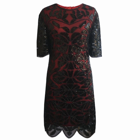Vintage 1920er Jahre Pailletten Flapper Kleid Rundhals Kurzarm Botanische Stickerei Bogenkante Netz Abendparty Kleid Für Damen
