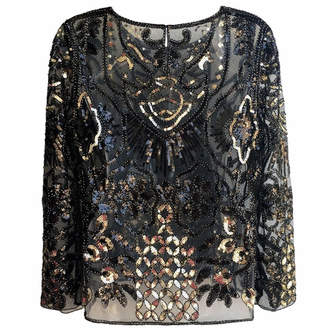 Damen Vintage Funkelnde Pailletten Perlen Netz Top Transparent Langarm Blumen Bluse Elegante Party Abendhemd