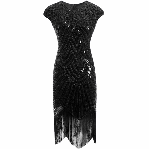 Women 1920s Gatsby Sequin Tassel Dress Vintage Beaded Flapper Party Evening Gown Sleeveless Round Neck Formal Wedding Vestidos