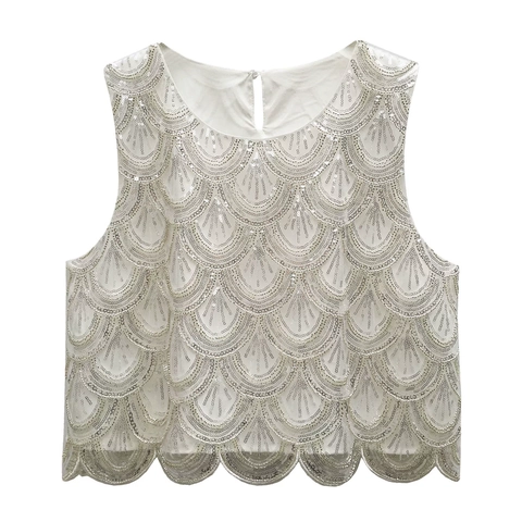 Maglia Crop Donna Elegante con Paillettes e Perline Senza Maniche Motivo Geometrico a Scaglie Girocollo Gilet da Festa