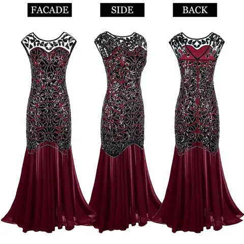 1920er Jahre Vintage Great Gatsby Pailletten Perlen Meerjungfrau Abendkleid Bodenlang Bankett Party Ärmelloses Maxi Kleid Damen