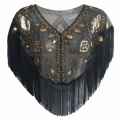 Chal Vintage de los años 20 estilo Gatsby con lentejuelas y borlas Bordado de cuentas en malla Capa corta de fiesta