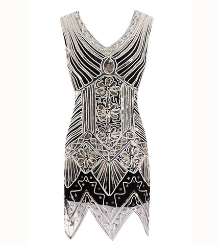 Vestido Flapper de Mujer de 1920 Estilo Gatsby Vintage Cuello en V Sin Mangas Bordado de Lentejuelas Pedrería Dobladillo Irregolare