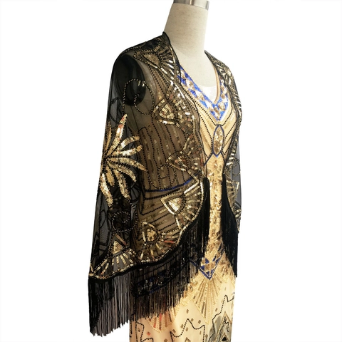 Vintage 1920er Gatsby Pailletten Quasten Schal Damen Abend Mesh Perlen Wickeltuch Für Bankett Party Hochzeit Zubehör