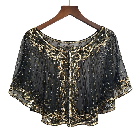 Women 1920s Vintage Sequin Capelet Shawl Mesh Beaded Bolero Evening Party Cape Wrap Gatsby Accessory For Dress