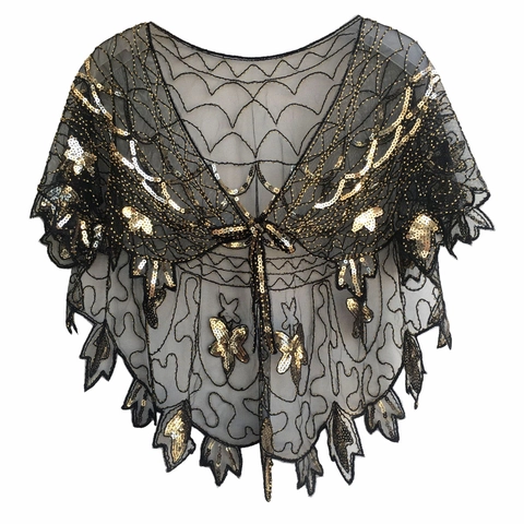 Vintage Εσάρπα με Πούλιες για Γυναίκες Στυλ 1920 Party Evening Bolero με Κέντημα Πεταλούδας Mesh Scalloped Hem Lacing Wrap