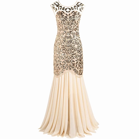 Damen 1920er Jahre Vintage Pailletten Meerjungfrau Abendkleid Ärmellos Gatsby Party Kleid Stickerei Bodenlang Formelle Bankett Kleid