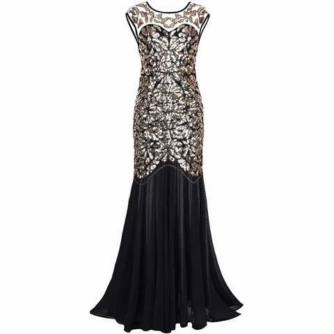 Damen 1920er Jahre Vintage Pailletten Meerjungfrau Abendkleid Ärmellos Gatsby Party Kleid Stickerei Bodenlang Formelle Bankett Kleid