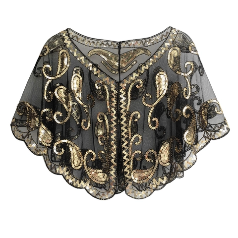 Capa De Mujer Retro 1920s Gatsby Lentejuelas Malla Chal Envoltura De Noche Para Boda Fiesta Novia Paisley Bolero Chaqueta Corta