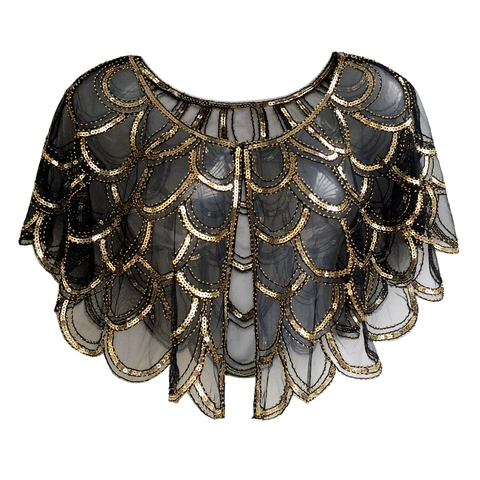 Women 1920s Vintage Sequin Shawl Mesh Embroidery Scalloped Capelet For Evening Party Banquet Wedding Dress Cover Up Shawl