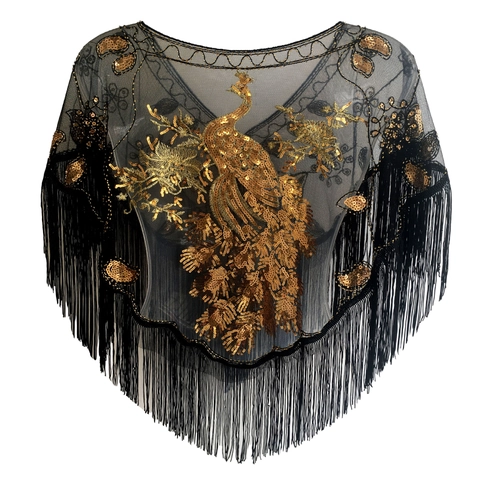 Scialle da Donna Vintage con Paillettes e Pavone Mantella in Rete con Frange per Feste Sposa Ballo Ricamo Paillettes
