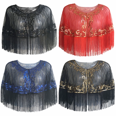 Chal Vintage de los Años 1920 para Mujer con Lentejuelas y Borlas Capa de Malla Bordada para Fiesta Boda Banquete Accesorio Gatsby