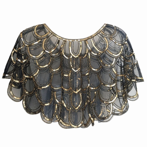 Women 1920s Vintage Sequin Shawl Mesh Embroidery Scalloped Capelet For Evening Party Banquet Wedding Dress Cover Up Shawl