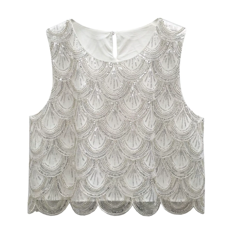 Maglia Crop Donna Elegante con Paillettes e Perline Senza Maniche Motivo Geometrico a Scaglie Girocollo Gilet da Festa
