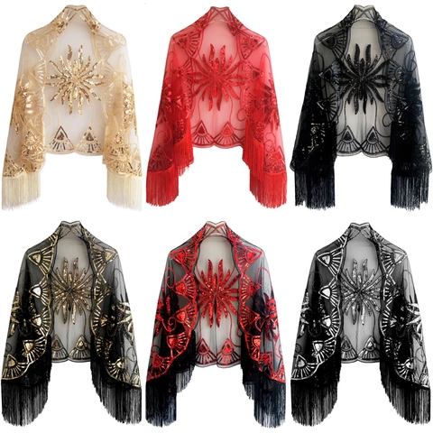 Vintage 1920er Gatsby Flapper Pailletten Quasten Netzschal Abendparty Cape Für Damen Retro Blumen Stickerei Bankett Tuch