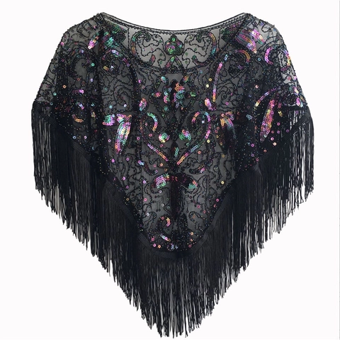 Damen Vintage 1920er Jahre Stil Pailletten Perlen Mesh Schal Quaste Fransen Abend Cape Bolero Für Party Hochzeit Bankett Kleid Zubehör
