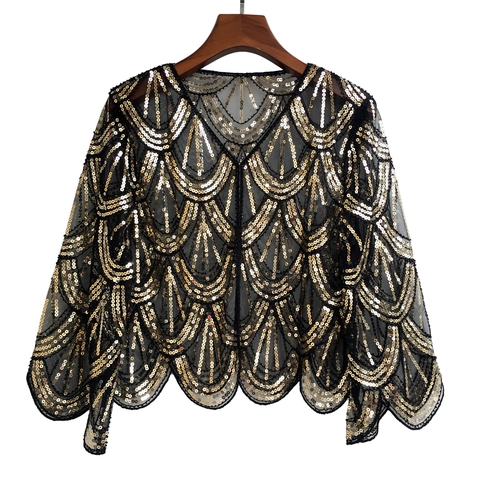 Bolero Vintage de los Años 1920 con Lentejuelas para Mujer Elegante para Fiesta Boda Banquete Chal con Bordes Ondulados