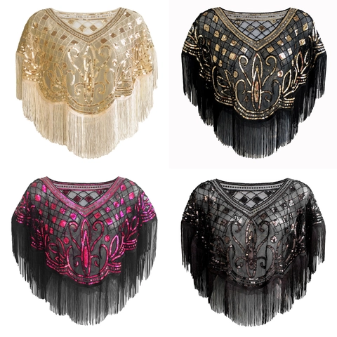 1920er Jahre Vintage Gatsby Pailletten Quasten Schal Für Damen Abendgesellschaft Bankett Netz Cape Hochzeit Abschlussball Dekoratives Tuch
