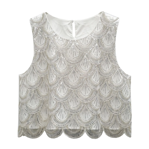 Damen Elegant Pailletten Perlen Ärmellos Crop Top Schuppenmuster Geometrisch Rundhals Party Nachtclub Weste