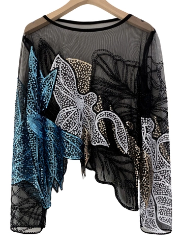 Damen Luxus Netzgewebe Pailletten Perlenstickerei Top Langarm Blumenstickerei Durchsichtige Bluse Rundhals Party Kleidung