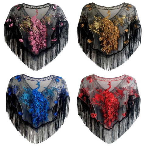 Scialle da Donna Vintage con Paillettes e Pavone Mantella in Rete con Frange per Feste Sposa Ballo Ricamo Paillettes
