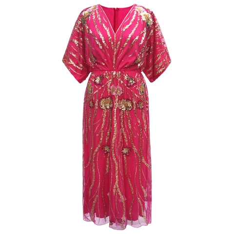 Ethnisches V-Ausschnitt Blumen Maxi Kleid Damen Pailletten Stickerei Elegant Fledermausärmel Abendparty Kleid Retro Formal