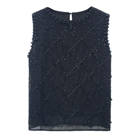 Women Elegant Beaded Sequin Chiffon Tank Top Sleeveless Artificial Pearl Mesh Blouse Vest Luxury Vintage Party Evening Top