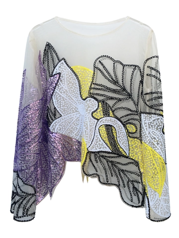 Damen Sexy Transparentes Netz T-Shirt Aufwendige Pailletten Blumenstickerei Langarm Rundhalsausschnitt Party Bluse Bling Top