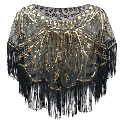 Dames Jaren 20 Vintage Gatsby Pailletten Kwastjes Sjaal Kaap Geborduurd Gaas Flapper Avonddoek Voor Feest Banket Bruiloft