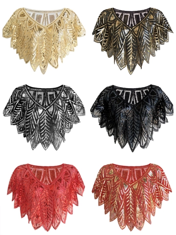 Dames Vintage Jaren 20 Gatsby Pailletten Kralen Sjaal Mesh Capelet Avondfeest Bruiloft Wrap Art Deco Bladpatroon Geschulpte Zoom