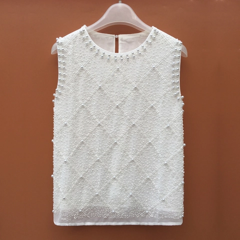 Women Elegant Beaded Sequin Chiffon Tank Top Sleeveless Artificial Pearl Mesh Blouse Vest Luxury Vintage Party Evening Top