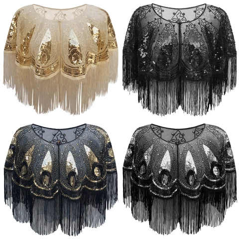 Chal Vintage Años 1920 Gatsby Lentejuelas Flecos para Mujer Fiesta de Noche Boda Poliéster Malla Capa Bolero Cover Up
