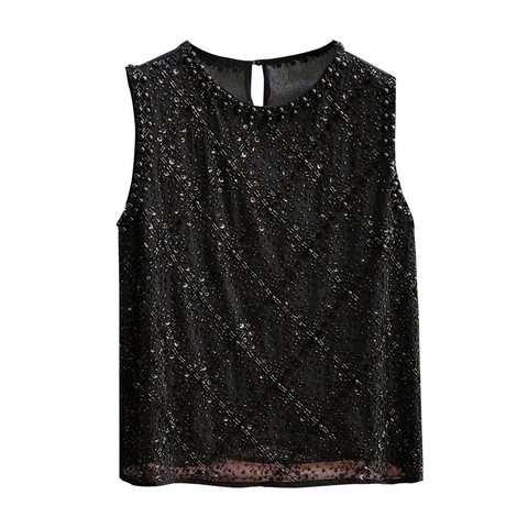 Damen Ärmellos Pailletten Künstliche Perlen Chiffon Tank Top Rundhals Locker Elegant Party Abendmode Oberteil Mit Künstliche Perlenverzierung