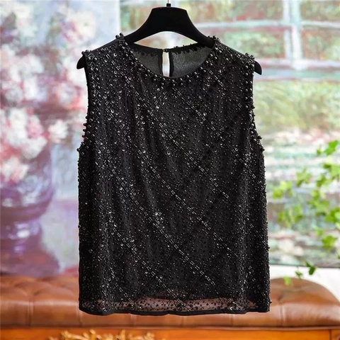 Damen Ärmellos Pailletten Künstliche Perlen Chiffon Tank Top Rundhals Locker Elegant Party Abendmode Oberteil Mit Künstliche Perlenverzierung