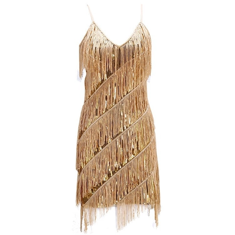 Damen Vintage Pailletten Quaste Kleid Sexy V-Ausschnitt Spaghetti Träger Latein Tanz Flapper Performance Kleid Für Party Bankett Bühne