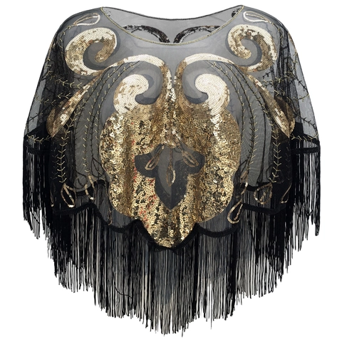 Chal Vintage de los Años 1920 con Flecos y Lentejuelas Gatsby Fiesta Malla Capa de Noche para Mujer Boda Banquete