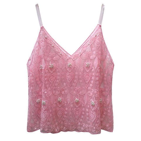 Women Heavy Duty Sequin V Neck Cami Top Luxury Mesh Artificial Pearl Embroidered Sleeveless Tank Top Party Clubwear Streetwear