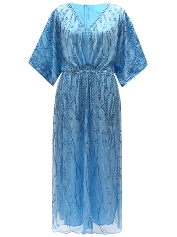 Women Vintage 1920s Gatsby Evening Dress V Neck Sequin Beaded Maxi Gown Butterfly Sleeve Elegant Party Dress For Banquet