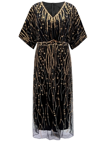 Women Vintage 1920s Gatsby Evening Dress V Neck Sequin Beaded Maxi Gown Butterfly Sleeve Elegant Party Dress For Banquet