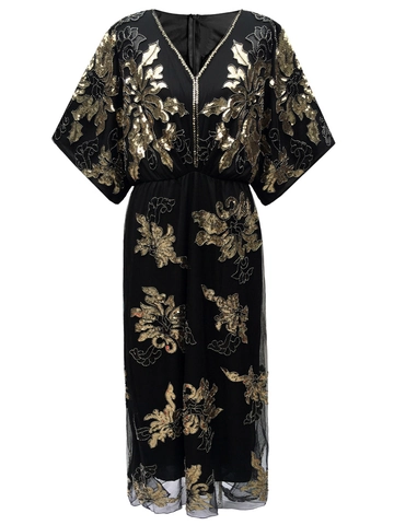 1920er Jahre Vintage Pailletten V Ausschnitt Maxikleid Damen Luxus Blumen Stickerei Abendparty Hochzeit Bankett Kleid