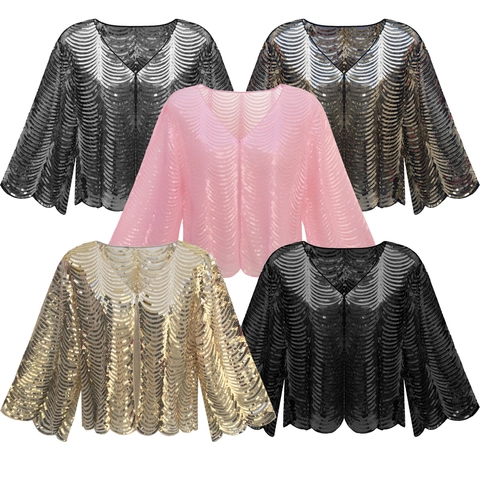 Damen Pailletten Bolero Jäckchen Vintage Mesh Wellenmuster Kurz Vorne Offen Cardigan Jacke Für Hochzeit Party Abendmode