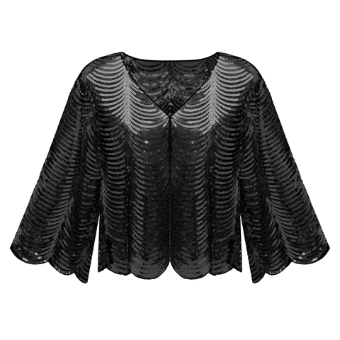 Damen Pailletten Bolero Jäckchen Vintage Mesh Wellenmuster Kurz Vorne Offen Cardigan Jacke Für Hochzeit Party Abendmode