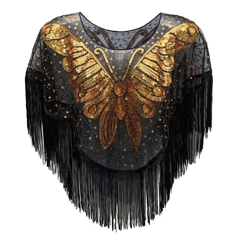 Damen Retro Pailletten Schmetterling Quasten Schal Netz Abend Wrap Für Party Hochzeit Gatsby Bestickter Poncho Capelet