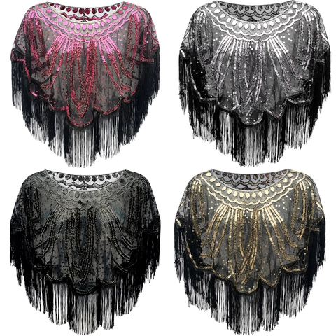 Dames Jaren 20 Vintage Gatsby Pailletten Kwastjes Sjaal Kaap Geborduurd Gaas Flapper Avonddoek Voor Feest Banket Bruiloft