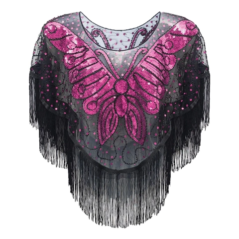 Damen Retro Pailletten Schmetterling Quasten Schal Netz Abend Wrap Für Party Hochzeit Gatsby Bestickter Poncho Capelet